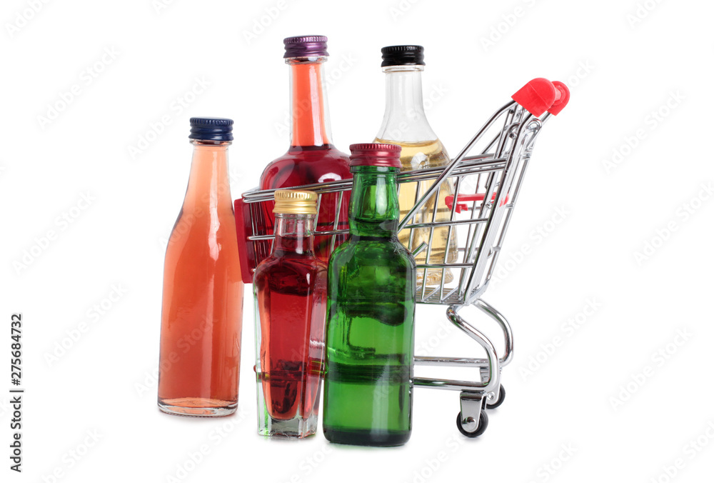 Metal cart whit bottle from store on a white background