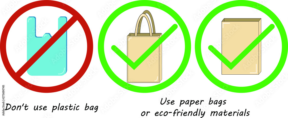 An illustration on "Don't Use Plastic Bags, Use Paper Bags or Eco-Friendly  Materials" is made in a flat style. Vector graphics. Save nature. Stock  Vector | Adobe Stock