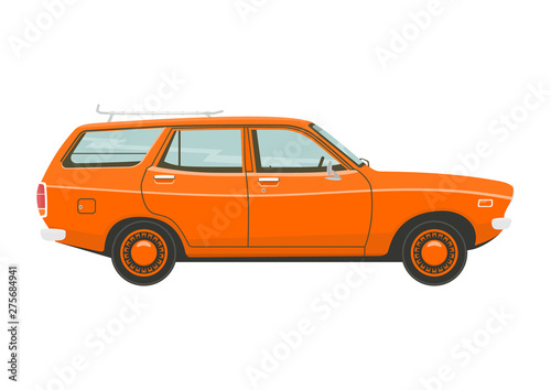 Retro estate car. Side view of vintage station wagon car. Flat vector.