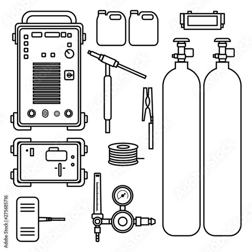 set of vector illustration gas welding argon machine with regulator tank torch for industrial construction and metal working flat design style silhouette