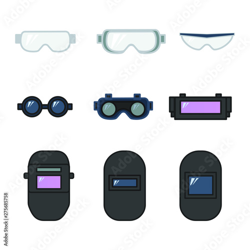 set of vector illustration safety goggles and welding helmet for eye protection in industrial construction and metal working flat design style