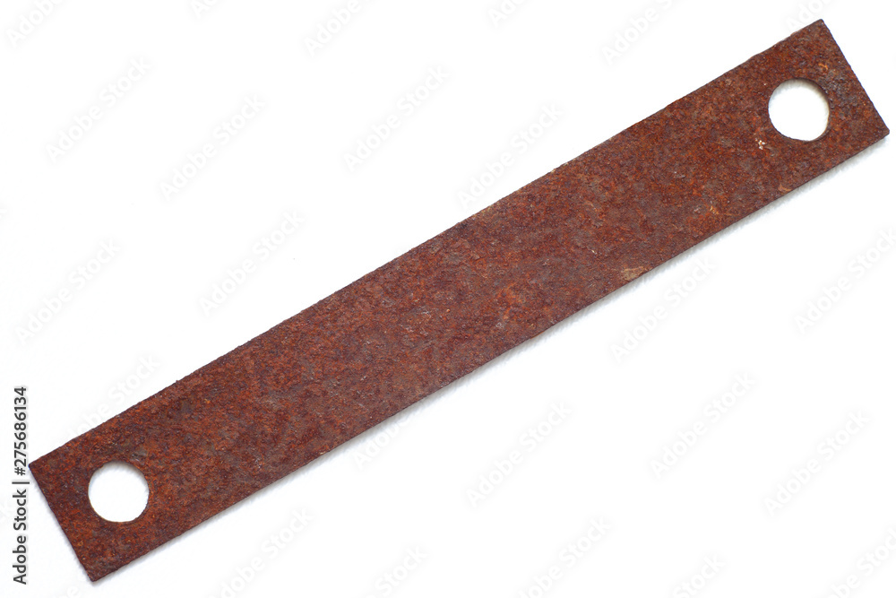 rusty rectangular metal plate with two holes on the sides, isolated on white background rusty rectangular metal plate with two holes on the sides, isolated on white background