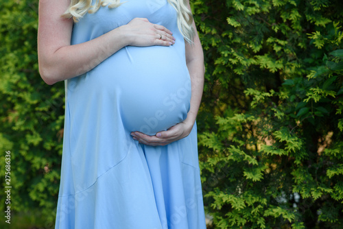 Close-up of the tummy of a pregnant girl in a blue dress on a warm sunny day in nature