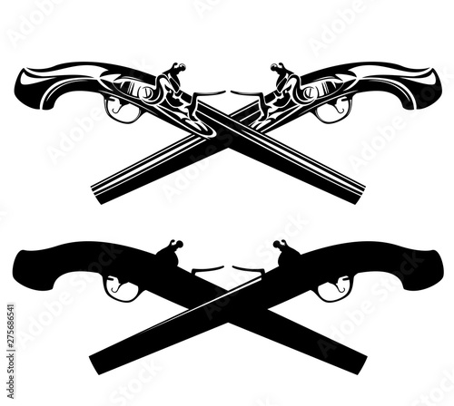 two crossed antique pistols - duel weapon black and white vector outline and silhouette design