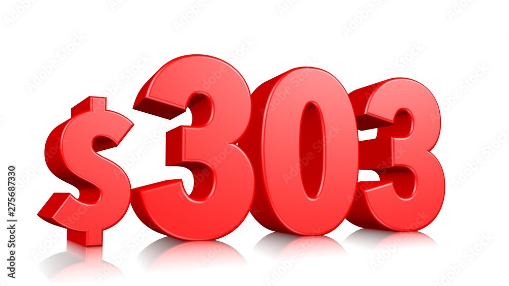 303$ Three hundred three price symbol. red text number 3d render with dollar sign on white background 303$ Three hundred three price symbol. red text number 3d render with dollar sign on white background