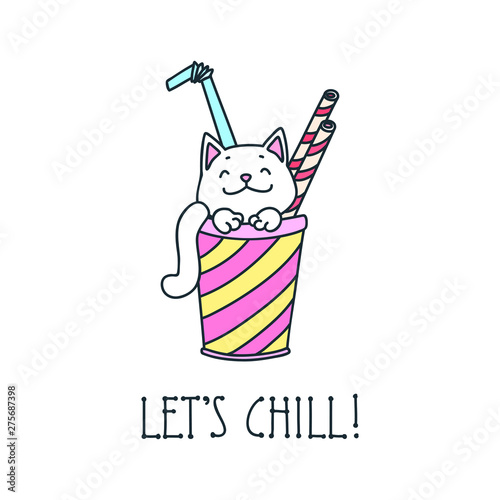 Let's chill! Cute illustration of milkshake and a happy white cat. Vector 8 EPS.