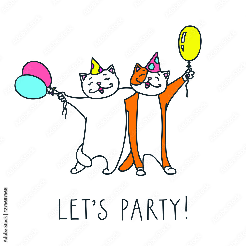 Let&rsquo;s party! Funny white cats with party hats and colorful balloons