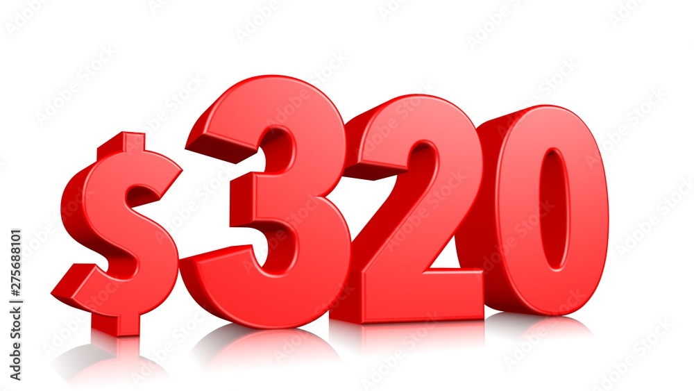 320$ Three hundred and twenty price symbol. red text number 3d render with dollar sign on white background 320$ Three hundred and twenty price symbol. red text number 3d render with dollar sign on white background