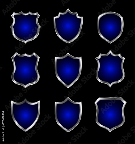 Blue label and badges with gold border on black background