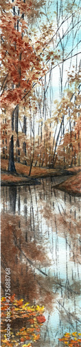 Watercolor landscape.  Autumn  forest  lake. Performed manually. Suitable for postcards  calendar  blog