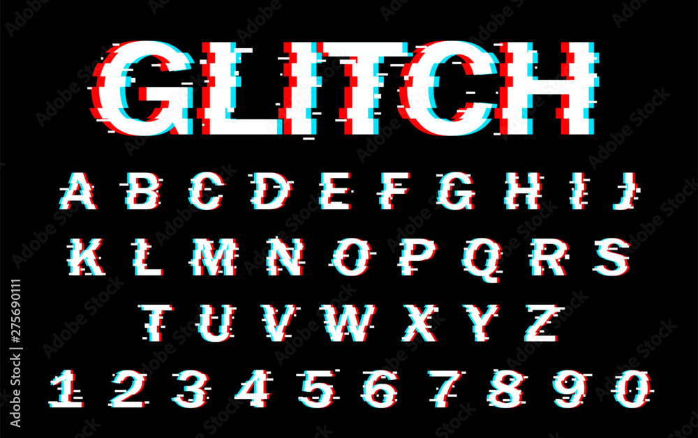 Vector distorted glitch font. Trendy style lettering typeface. Latin letters from A to Z and numbers from 0 to 9. Blue and red channels.