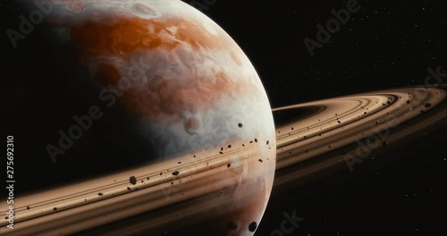 Gas planet, rings, moon and meteorites at space. Jupiter alike planet with Saturn alike rings. Camera fly through asteroid field. Cinematic 3D rendering animation.