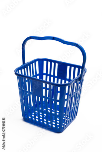 Blue plastic basket isolated on white background.
