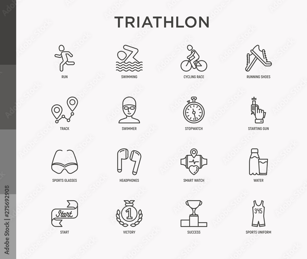 Triathlon thin line icons set: runner, swimmer, cycling race, stopwatch, starting, gun, sport glasses, start, victory, success. Modern vector illustration. Triathlon thin line icons set: runner, swimmer, cycling race, stopwatch, starting, gun, sport glasses, start, victory, success. Modern vector illustration.