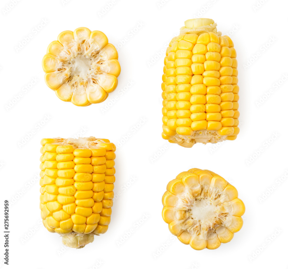Set of pieces of corn on a white background, isolated. The view of the top. Set of pieces of corn on a white background, isolated. The view of the top.