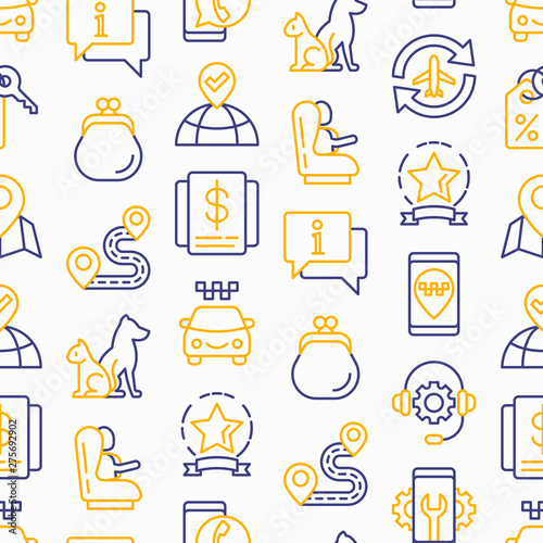 Taxi app seamless pattern with thin line icons set: payment method, promocode, app settings, info, support service, phone number, location, pointer, airport transfer, baby seat. Vector illustration.