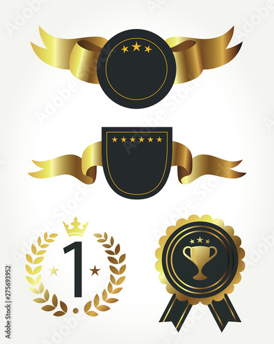 Set of gold awards with red decoration isolated on black.Vector illustration eps10.