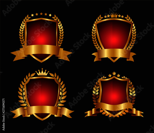 Gold shield shape icons set. 3D golden emblem signs isolated on black background. Symbol of security, power, protection. Badge shape shield graphic design illustration eps10
