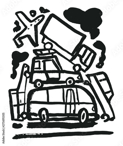 Traffic jam and clouds of traffic fumes. Hand-drawn vector illustration, isolated on white.