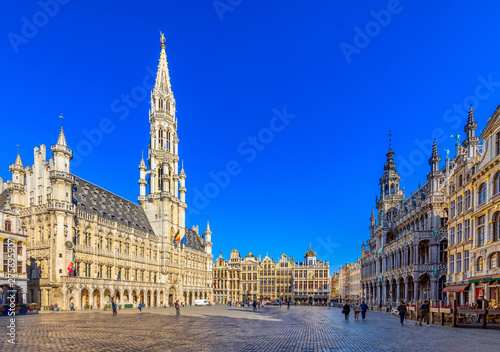 Grand Place (Grote Markt) with Town Hall (Hotel de Ville) and Maison du Roi (King's House or Breadhouse) in Brussels, Belgium. Grand Place is tourist destination in Brussels.