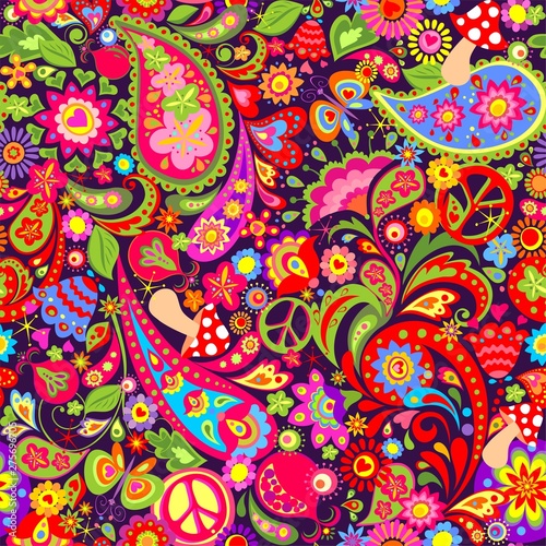 Hippie vivid colorful wallpaper with abstract flowers, hippie peace symbol, mushrooms, pomegranate and paisley © Eva105