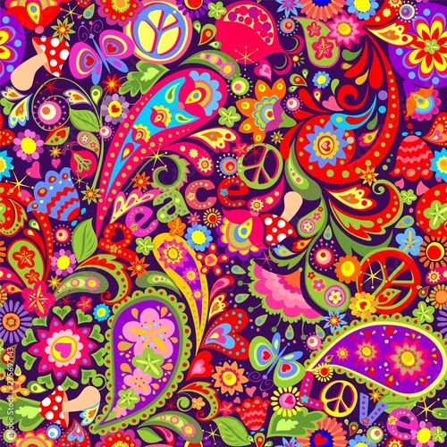 фотография Hippie vivid colorful wallpaper with abstract flowers, hippie peace symbol, peac