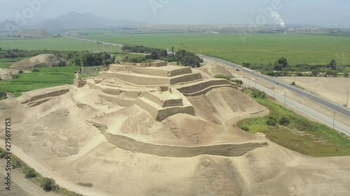 Turn around aerial view Paramonga prehispanic fortress, in Paramonga, Lima, Peru photo