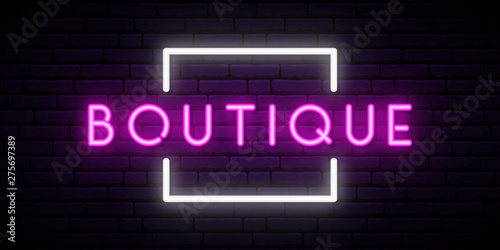 Boutique neon sign vector. Light banner. Nightly bright advertising.