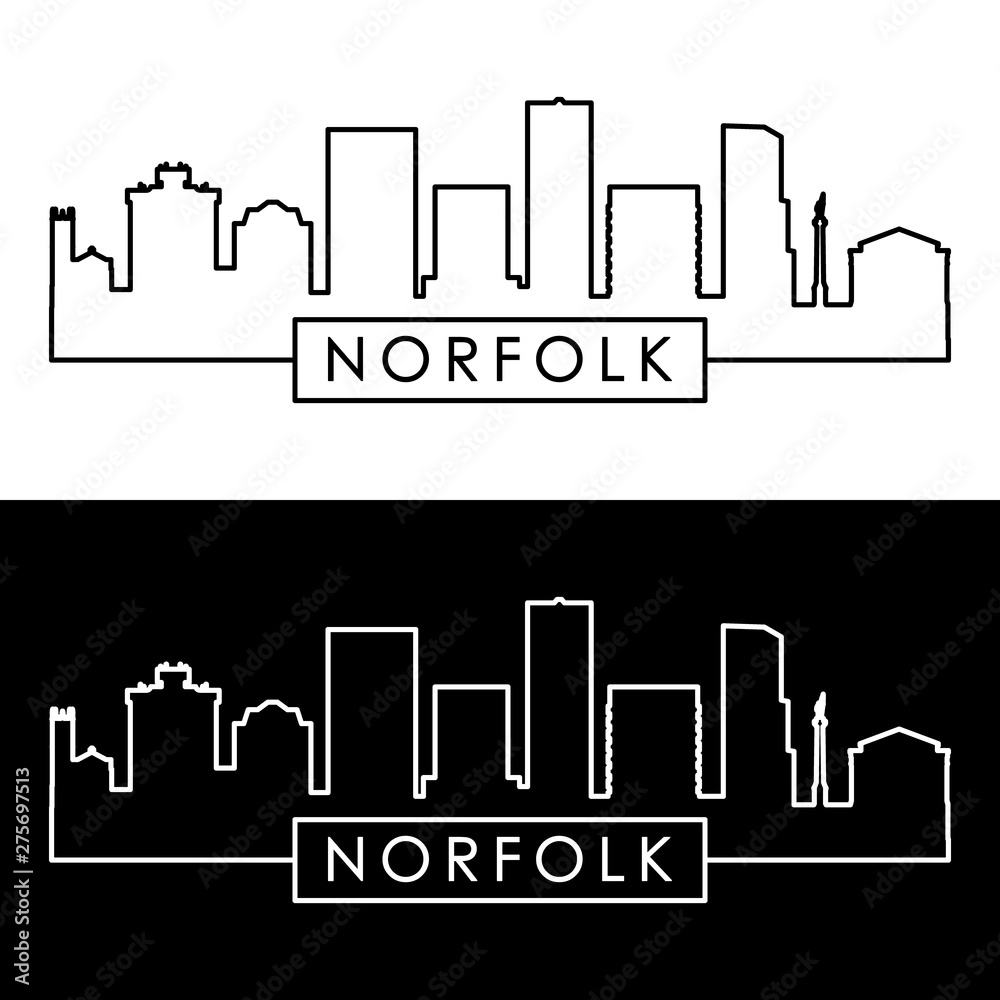 Norfolk city skyline. Linear style. Editable vector file.