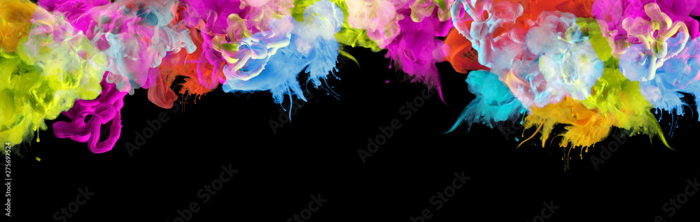 Acrylic colors in water. Ink blot. Abstract black background. Horizontal long banner. - obrazy, fototapety, plakaty 