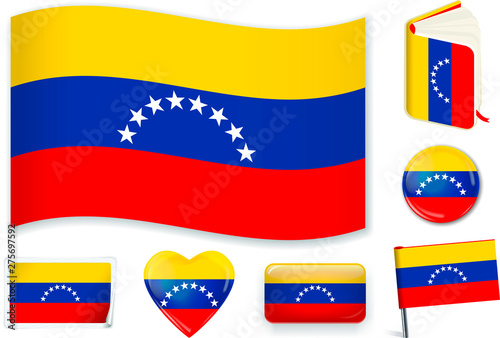 Venezuela flag wave, book, circle, pin, button, heart and sticker.