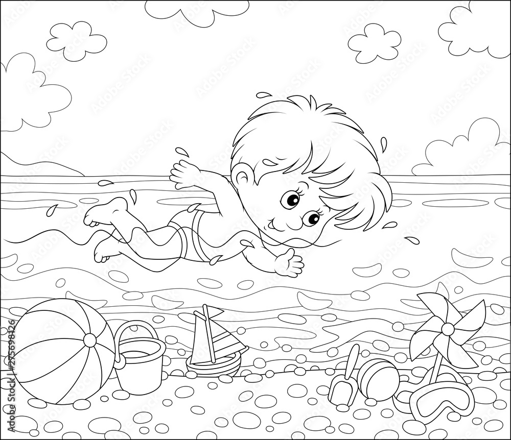 Little boy swimming in sea water on a beach on a sunny summer day, black  and white outline vector illustration in a cartoon style for a coloring  book Stock Vector | Adobe