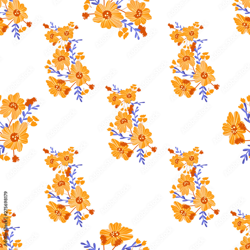 Bright trendy modern seamless pattern. Orange - blue fantastic flowers