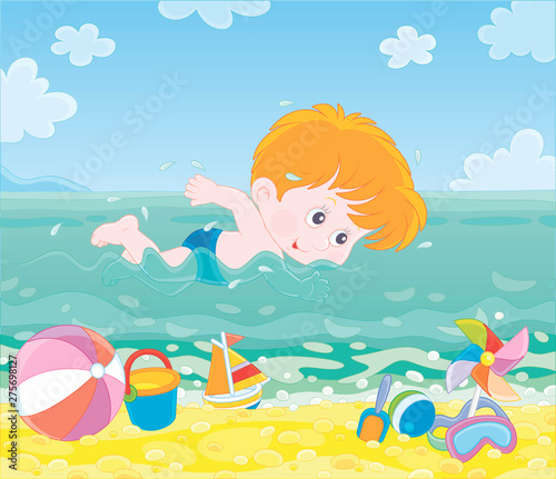 Little boy swimming in blue water on a sea beach on a sunny summer day, vector illustration in a cartoon style