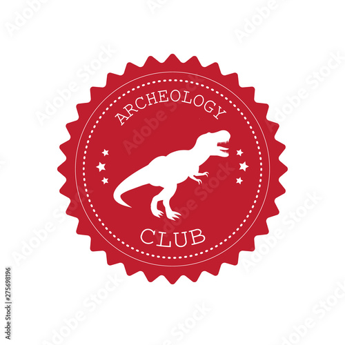 Vector red flat round retro logo with tyrannosaurus dinosaur and archeology club text isolated on white background