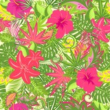 Tropical wallpaper with lily and hibiscus flowers, monstera, palm branch and exotic leaves for fabric, textile, wrapping paper, greeting card, invitation, summer party, web design