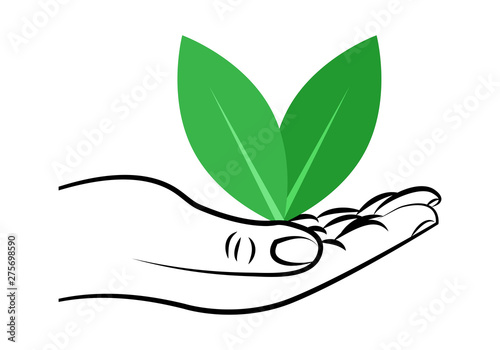 Mano sosteniendo dos hojas por el medio ambiente.