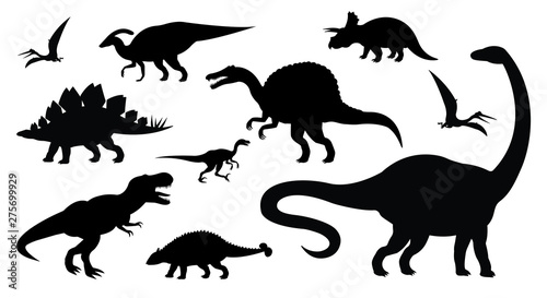 Vector black flat set collection of different dinosaur silhouette isolated on white background