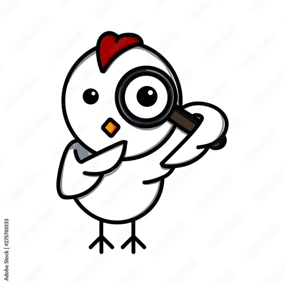 vector illustration logo character cute chicken holding magnifying glass in flat design style cartoon design