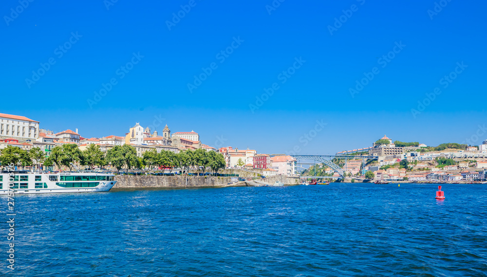 View buildings in Ribeira District and Bishop's Palace in Porto on Iberian Peninsula