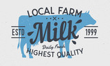 Milk logo with cow silhouette. Daily Fresh milk emblem, poster. Vintage design poster. Cow milk, Dairy product label