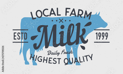 Milk logo with cow silhouette. Daily Fresh milk emblem  poster. Vintage design poster. Cow milk  Dairy product label