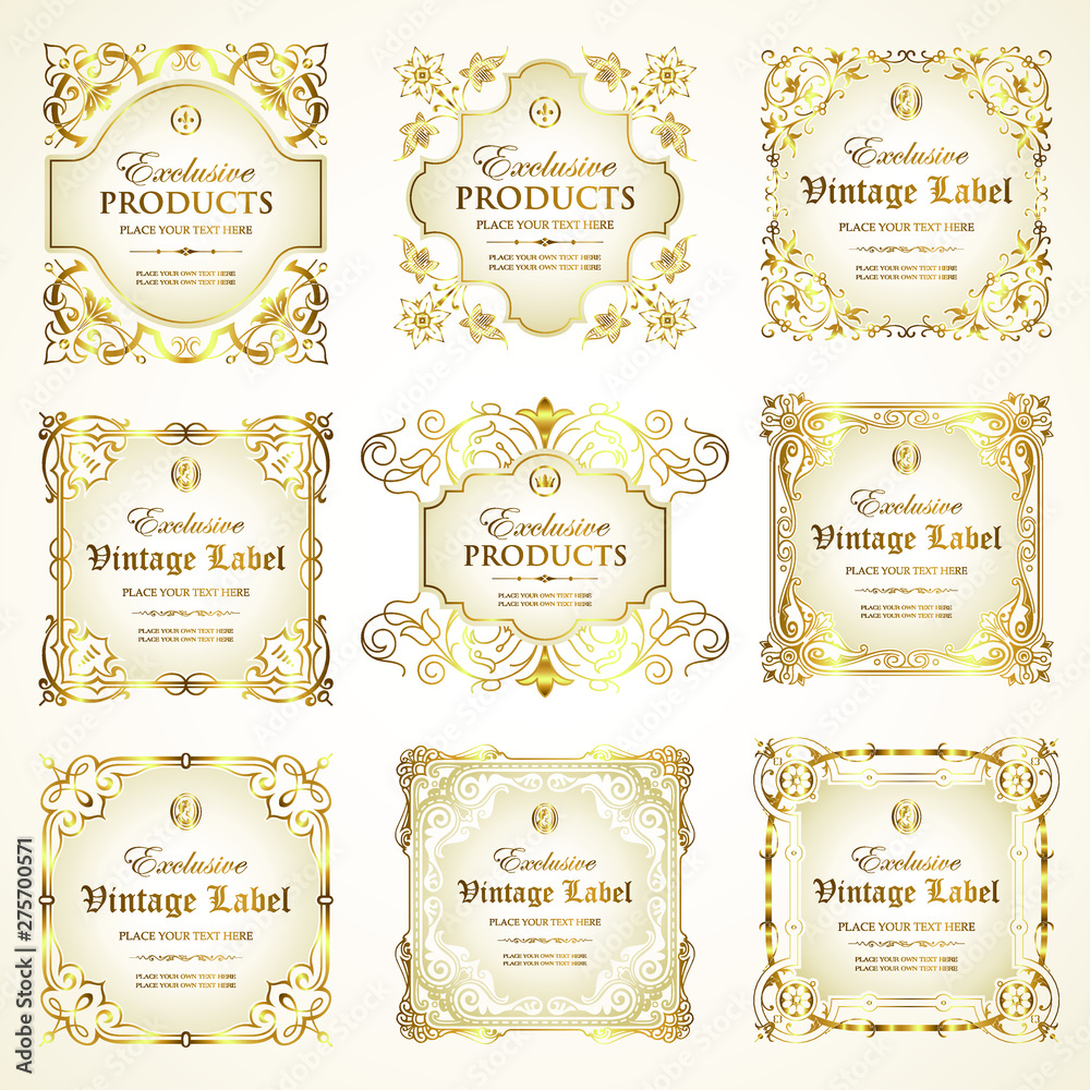 Vector collection of luxury ornate white gold-framed label