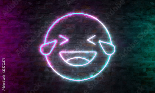 Emoji Emoticon smile laugh tears neon electronic style brick wall photo