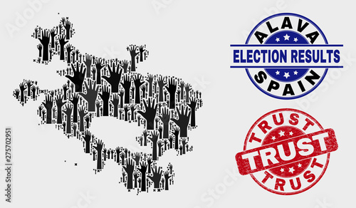 Poll Alava Province map and seal stamps. Red rounded Trust distress seal. Black Alava Province map mosaic of raised up referendum arms. Vector composition for referendum results, with Trust seal.