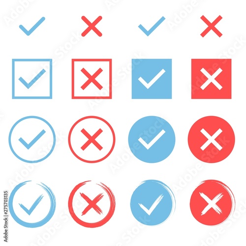 Set of chek marks. Blue tick and red cross. YES or NO accept and decline symbol. Buttons for vote, election choice. Empty, square frame, circle and brush. Check mark OK and X icons.