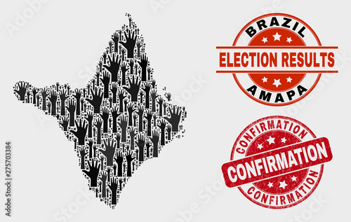 Ballot Amapa state map and stamps. Red rounded Confirmation scratched seal stamp. Black Amapa state map mosaic of upwards like hands. Vector composition for referendum results,