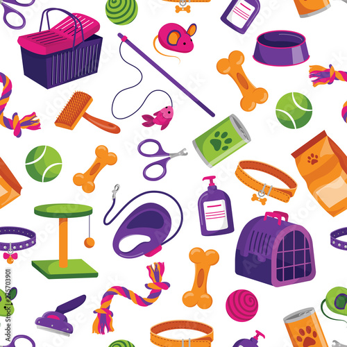 Pet shop seamless pattern. Vector flat cartoon illustration. Animals store packaging background or print design.