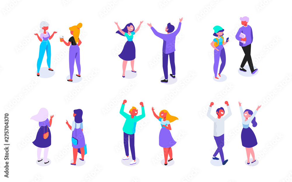 Happy young people isometric set. Friends. Communication. People talking. Flat cartoon style. Vector isometric characters isolated on white. 