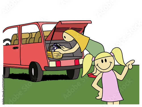 Mother and daughter preparing a picnic and taking food out of the trunk of their red car. Cartoon style vector illustration.